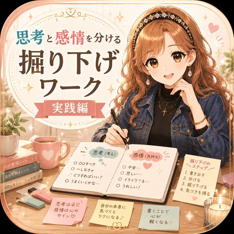 無料掘り下げワーク 思考と感情を分けて書き出すことで、自分の中の葛藤に気づくワークです