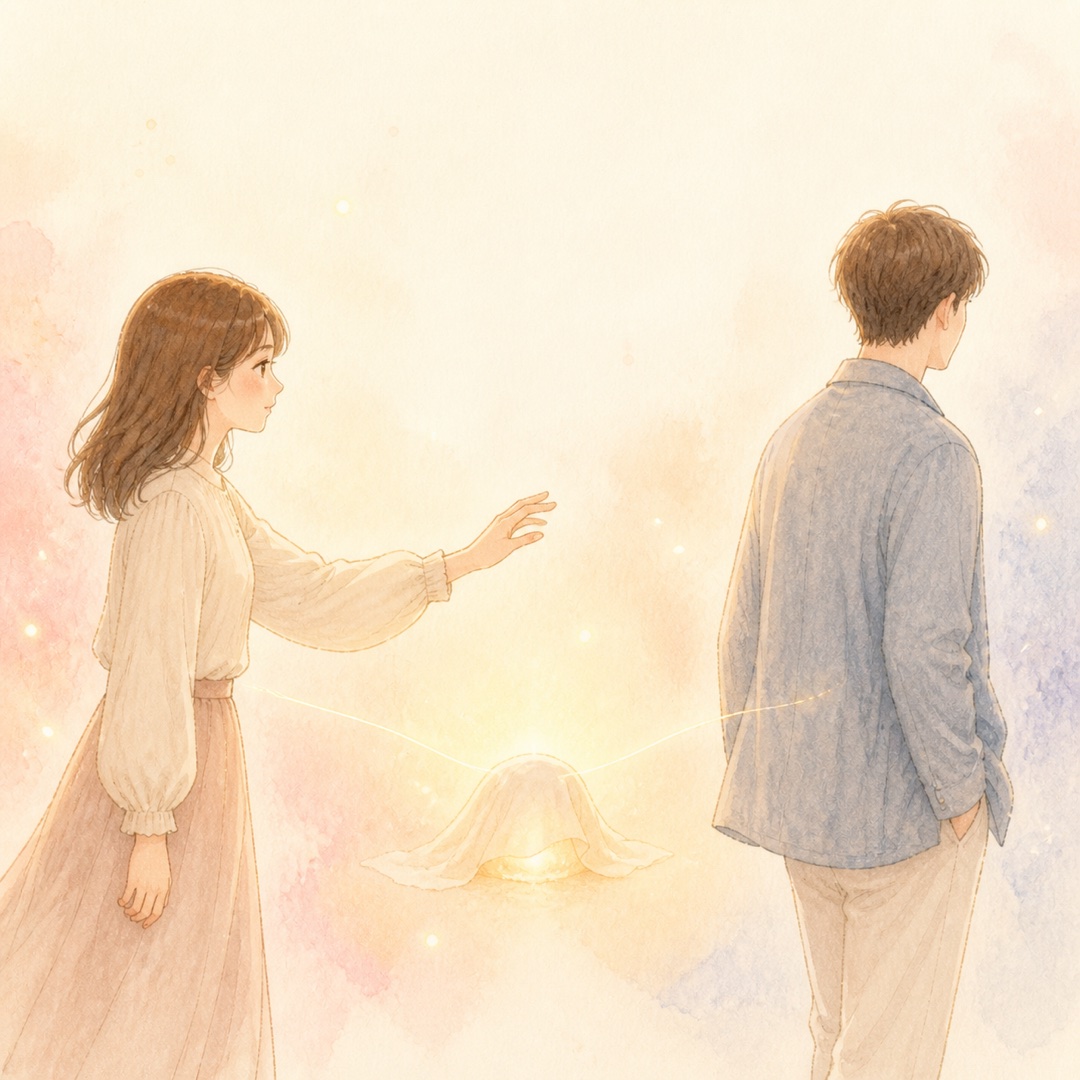 振り向かない相手に手を伸ばす女性と、覆われた願いの光