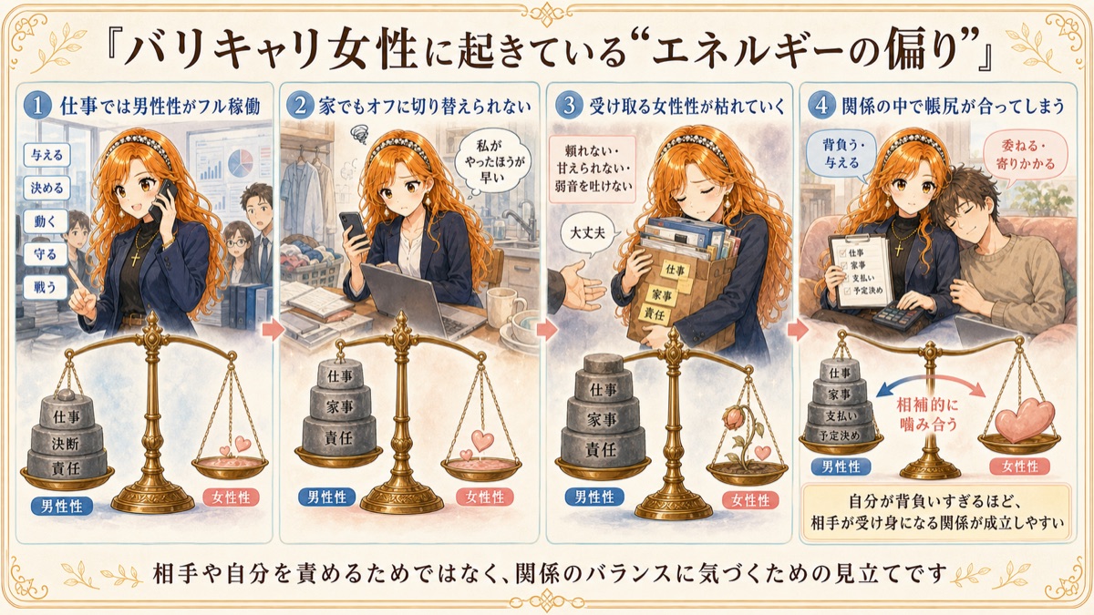 バリキャリ女性は仕事で男性性がフル稼働し、天秤が男性性側に偏る。女性性（受け取る・委ねる・甘える）が枯れ、受け身の男性とバランスが噛み合ってしまう解説図