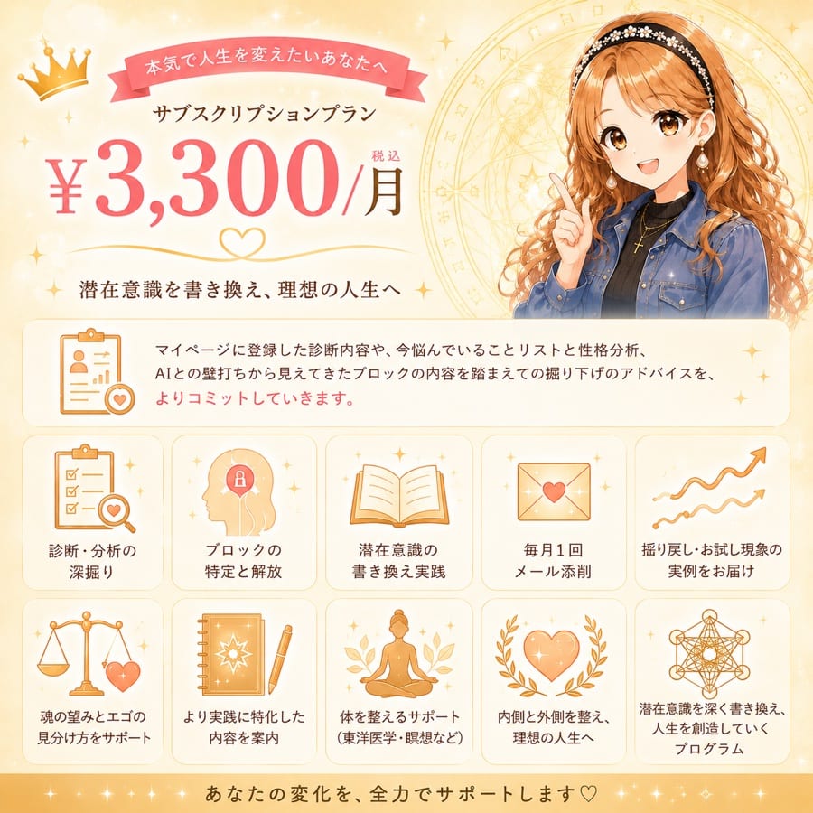 プレミアムメンバーシップ ¥3300/月 本気で人生を変えたい人のための潜在意識の書き換え実践プログラム